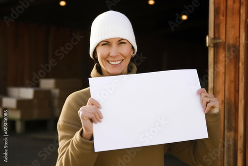 Portrait of a beautiful woman holding a blank sheet of paper outdoors