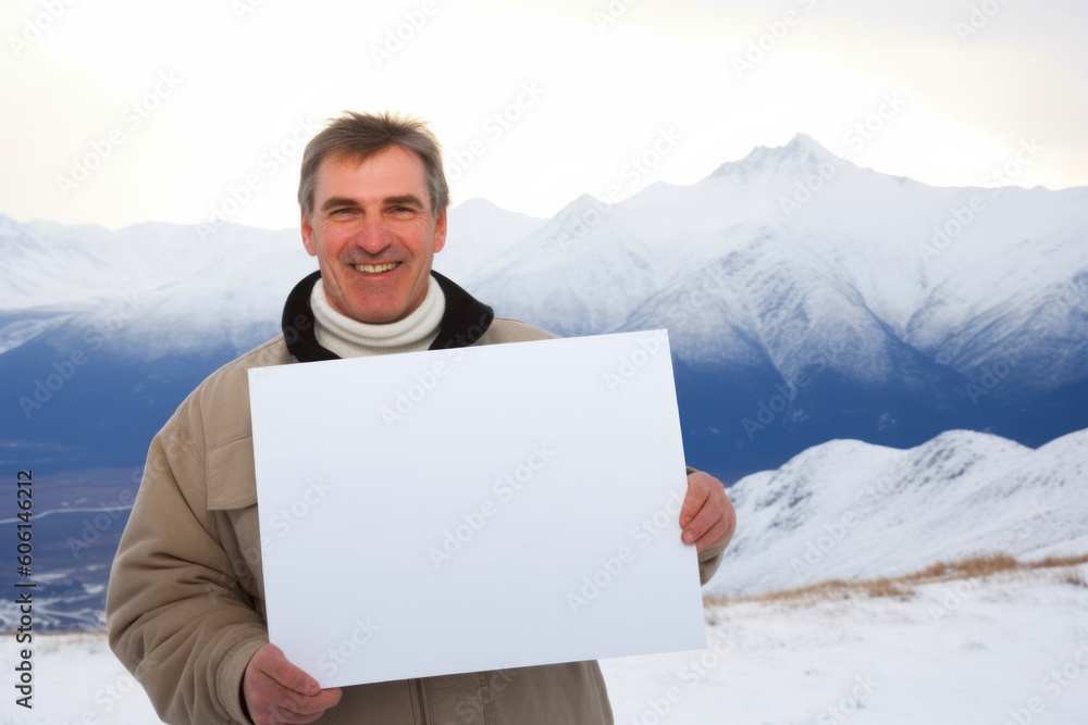 Mature man holding a white sheet of paper on the background of snowy mountains Mature man holding a white sheet of paper on the background of snowy mountains