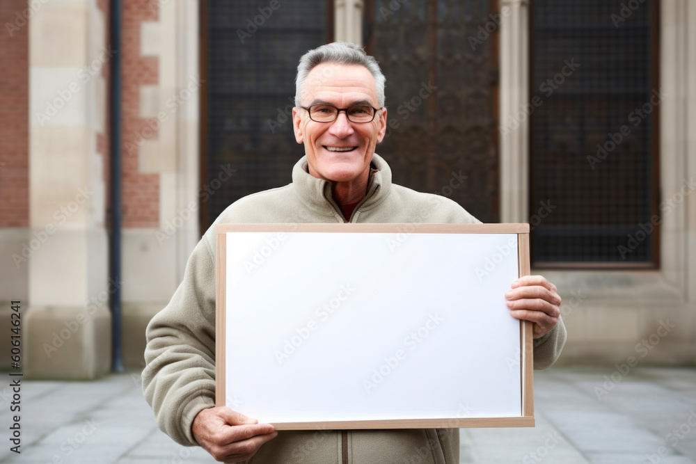 Happy senior man holding a blank white board and smiling at the camera Happy senior man holding a blank white board and smiling at the camera