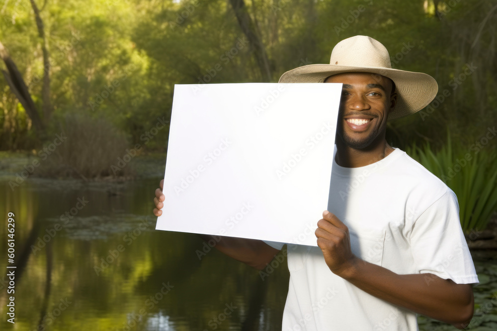 African american man holding a blank white sheet of paper in the park African american man holding a blank white sheet of paper in the park