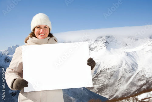 Portrait of a smiling woman holding a white sheet of paper against snowy mountains