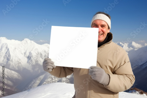 Man holding a white sheet of paper on the background of snowy mountains