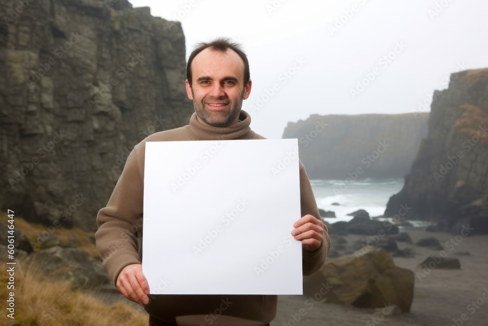 Portrait of a smiling man holding a blank sheet of paper at the beach Portrait of a smiling man holding a blank sheet of paper at the beach