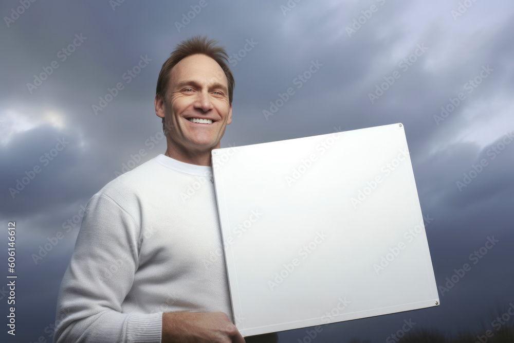 Smiling man holding a white sheet of paper in front of him Smiling man holding a white sheet of paper in front of him