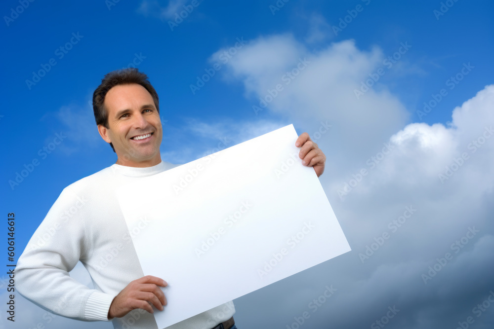 Handsome man holding a white sheet of paper against blue sky Handsome man holding a white sheet of paper against blue sky