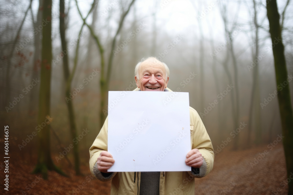 Senior man holding a blank sheet of paper in his hands in the forest Senior man holding a blank sheet of paper in his hands in the forest