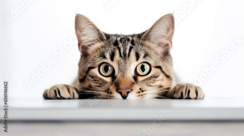 portrait of a peeking cat head. Funny cat peeking out. Copy Space. Generative AI photo