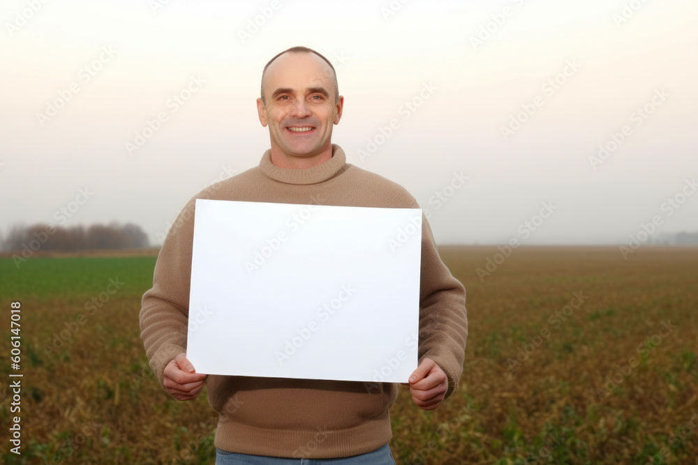 Portrait of a smiling man holding a blank sheet of paper in the field Portrait of a smiling man holding a blank sheet of paper in the field