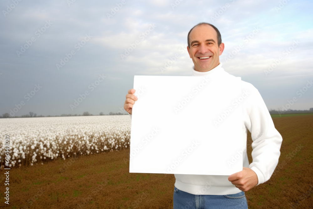 Man holding a blank white sheet of paper in a field of cotton Man holding a blank white sheet of paper in a field of cotton