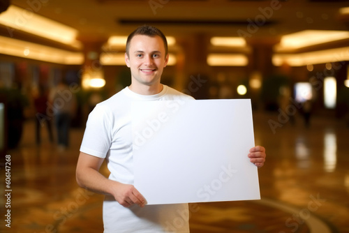 Handsome young man holding a blank sheet of paper in a lobby