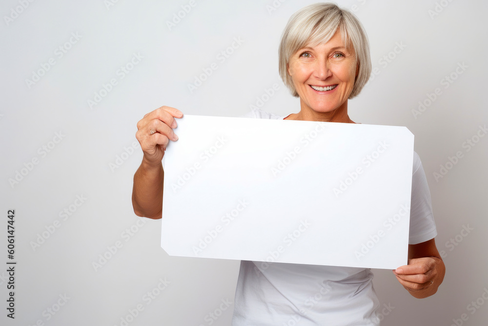 Mature woman holding a blank sheet of paper on a white background Mature woman holding a blank sheet of paper on a white background