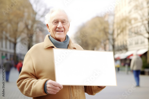 Senior man holding a blank placard in the street, selective focus