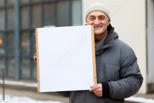 Senior man holding a blank white board on the street. Copy space.