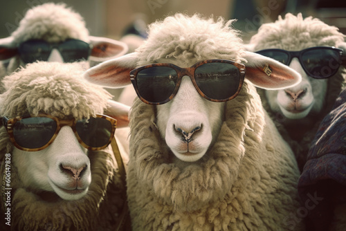 Eine humorvolle Herde Schafe posiert lässig mit Sonnenbrillen auf der Weide. Ein ungewöhnlicher Moment voller Spaß und Modebewusstsein.