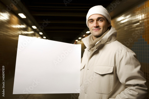 Portrait of a young man holding a blank white sheet of paper