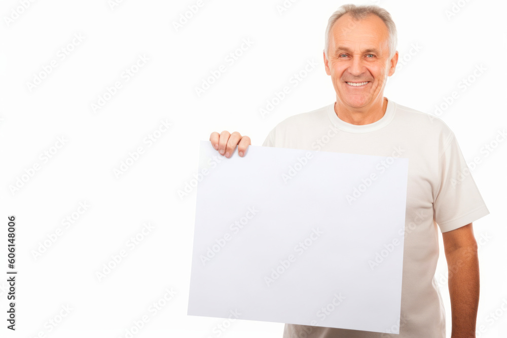Smiling mature man holding a blank sheet of paper isolated on white background Smiling mature man holding a blank sheet of paper isolated on white background