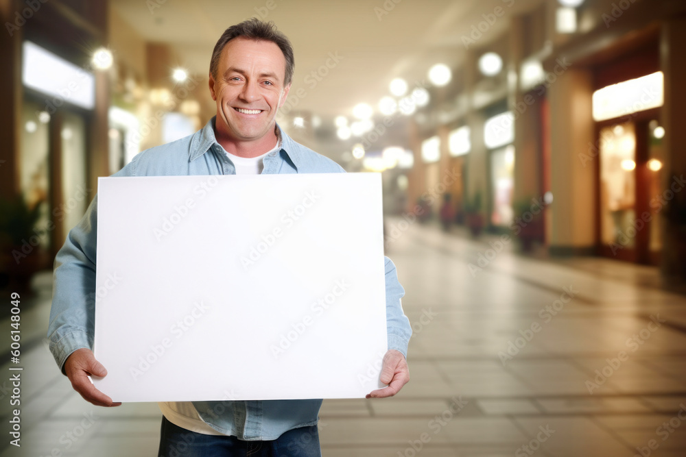 Handsome middle-aged man in casual clothes holding a white sheet of paper. Handsome middle-aged man in casual clothes holding a white sheet of paper.
