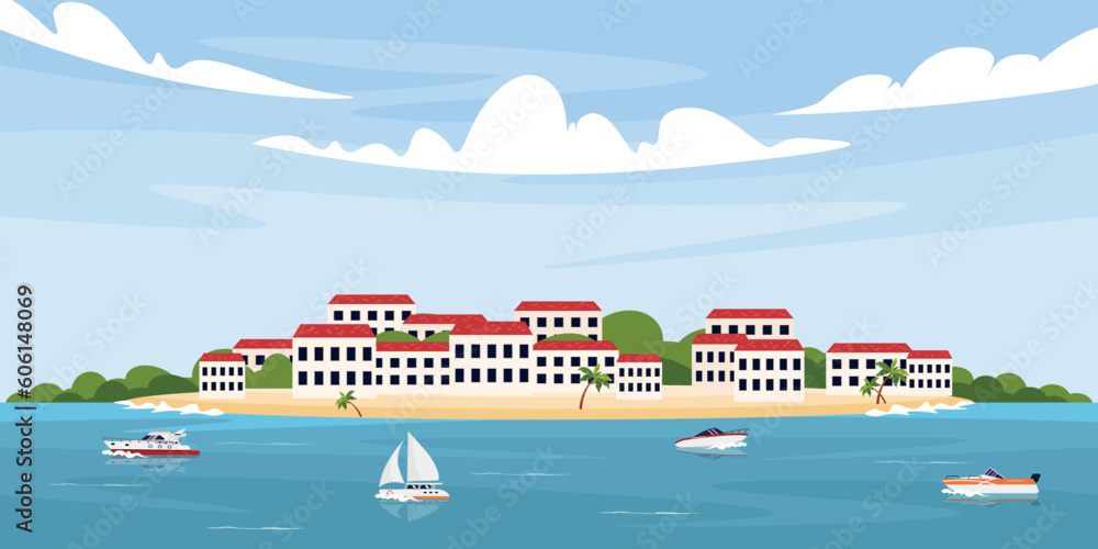 Vector illustration of a beautiful seascape. Cartoon scene of a summer landscape with clouds, houses with greenery, a beach with palm trees, a sea with yachts and sailboats. Panoramic landscape.