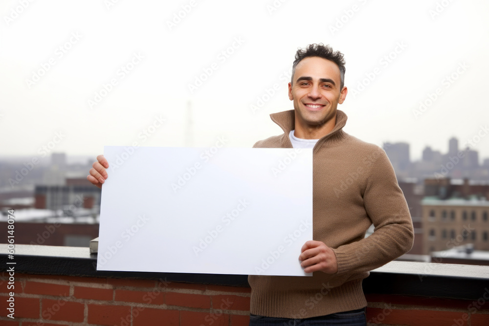 Portrait of a young man holding a blank sheet of paper on the roof Portrait of a young man holding a blank sheet of paper on the roof