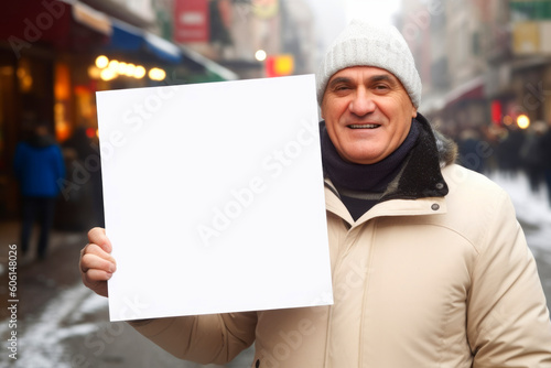 Portrait of a senior man holding a white sheet of paper in the city