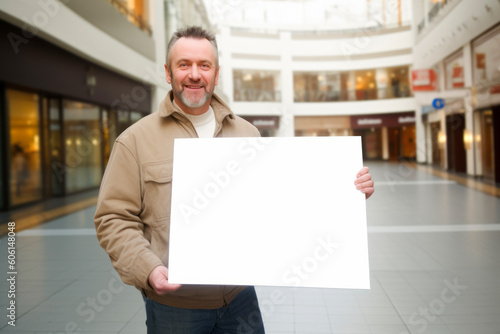Handsome middle-aged man holding a blank sign in a shopping center