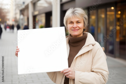 Mature woman holding white frame on city street. Focus on frame