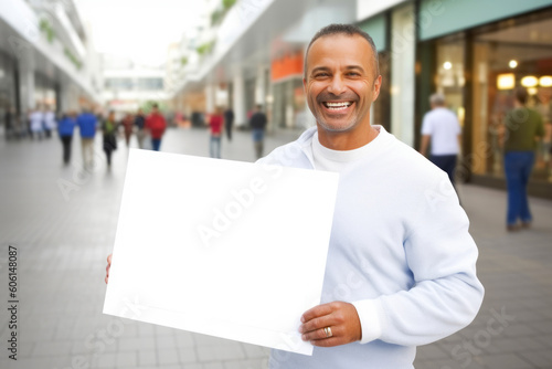 Portrait of a smiling man holding a white sheet of paper in the city