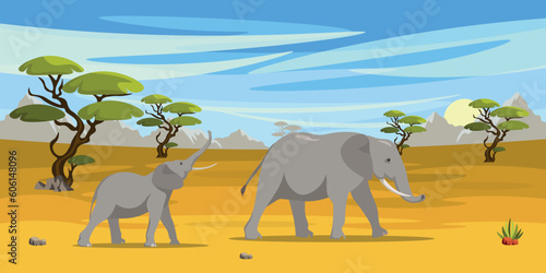 Vector illustration of African landscape. Cartoon scene of a summer desert landscape with an elephant and a baby elephant, a kangaroo with a baby kangaroo, trees, rocks, sand, a river and grass.
