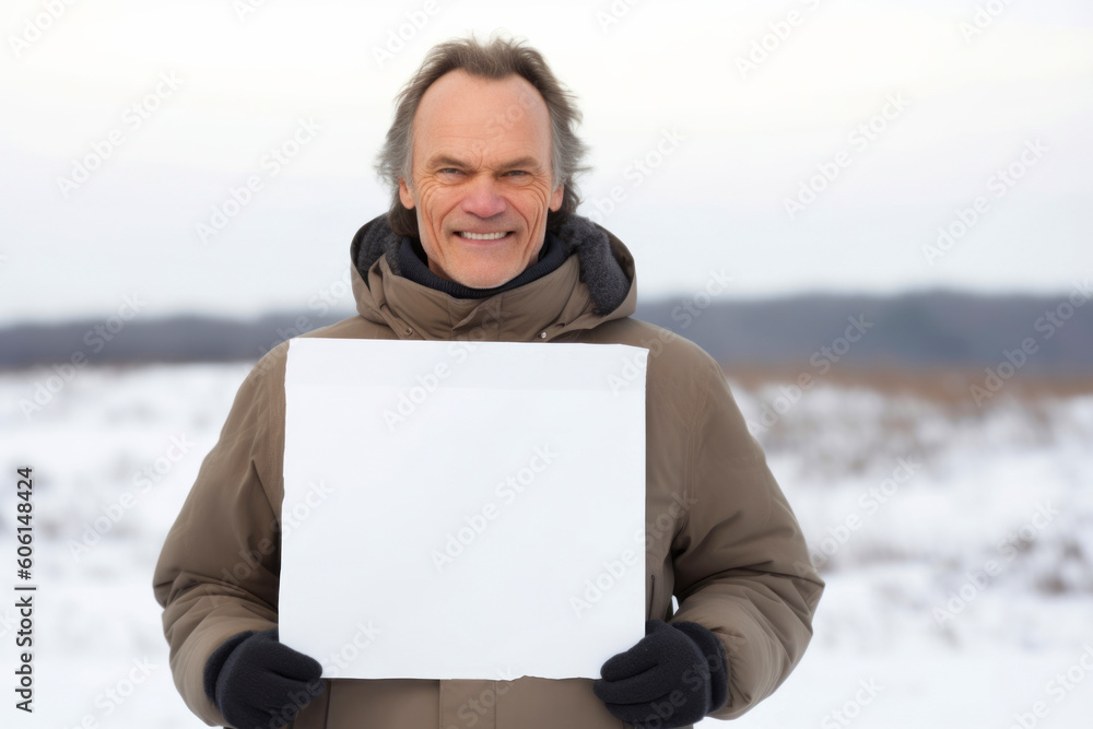 Portrait of happy senior man holding blank paper sheet outdoors in winter