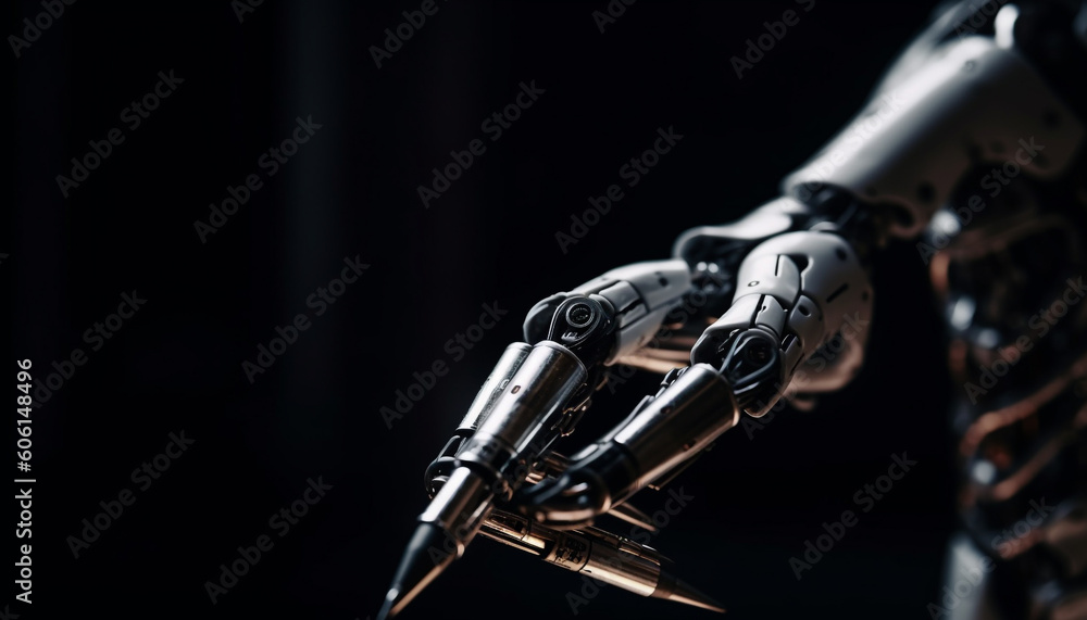 Fototapeta premium Metallic cyborg arm, futuristic technology innovation concept generated by AI