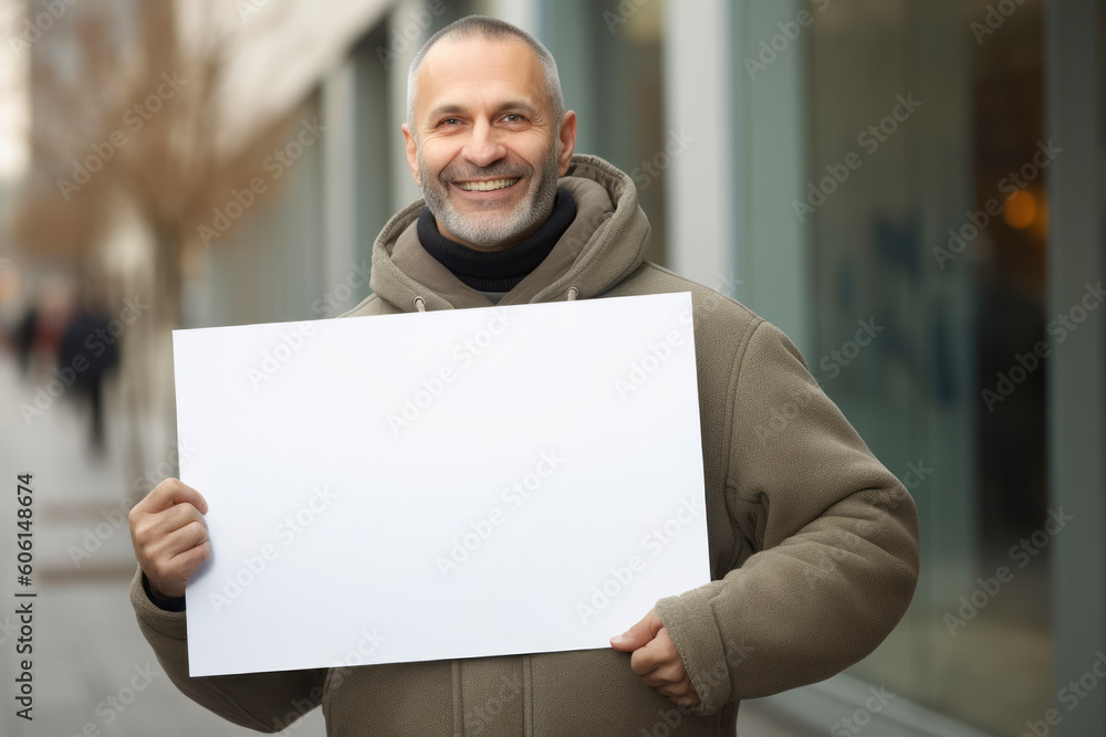 Portrait of a smiling middle-aged man holding a blank sheet of paper outdoors Portrait of a smiling middle-aged man holding a blank sheet of paper outdoors