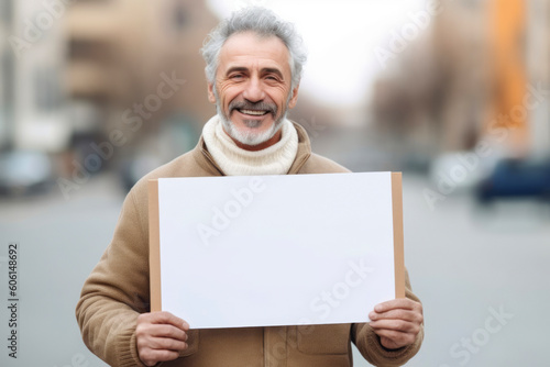 Portrait of happy senior man holding blank placard in the street