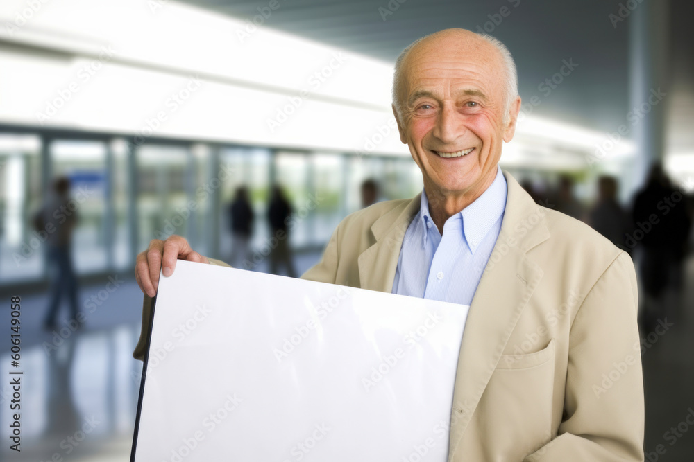 Fototapeta premium Portrait of happy senior man holding blank sheet of paper in office