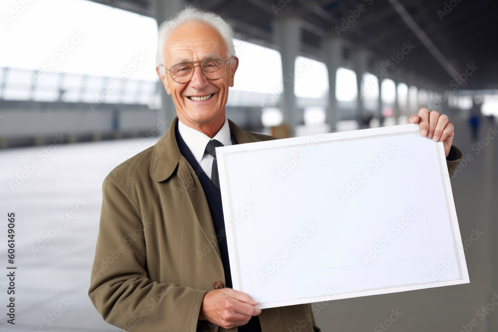 Portrait of a senior man holding a white board in the airport Portrait of a senior man holding a white board in the airport