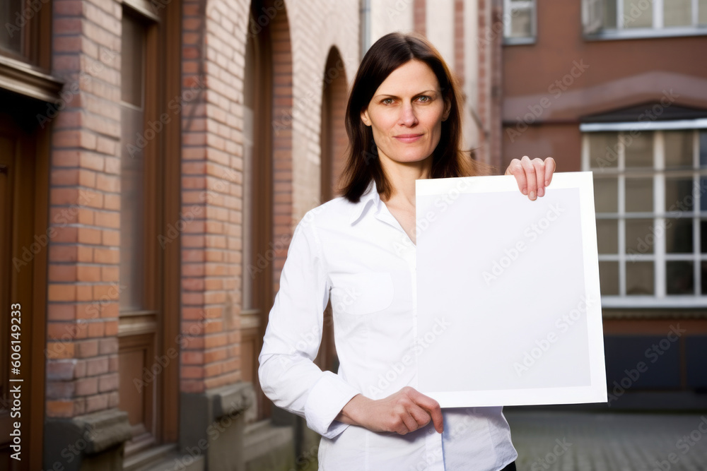 Portrait of young businesswoman holding blank sheet of paper in city Portrait of young businesswoman holding blank sheet of paper in city