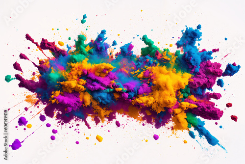 A colorful explosion of colored powder on a white background. Color splashes. Rainbow color paint explosion. Generative AI