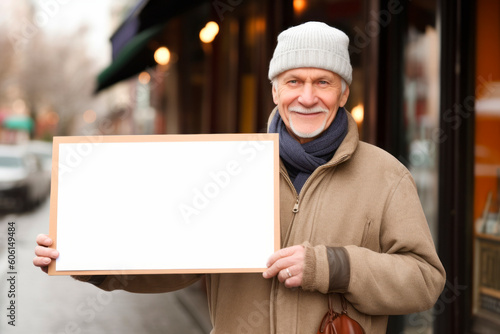 Portrait of a senior man holding a blank signboard on the street