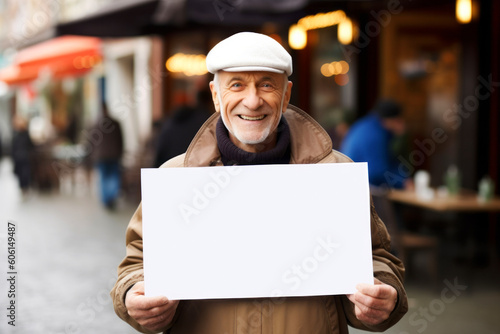 Portrait of smiling senior man holding blank white card in city street