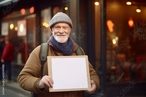 Portrait of a senior man holding a signboard in the city