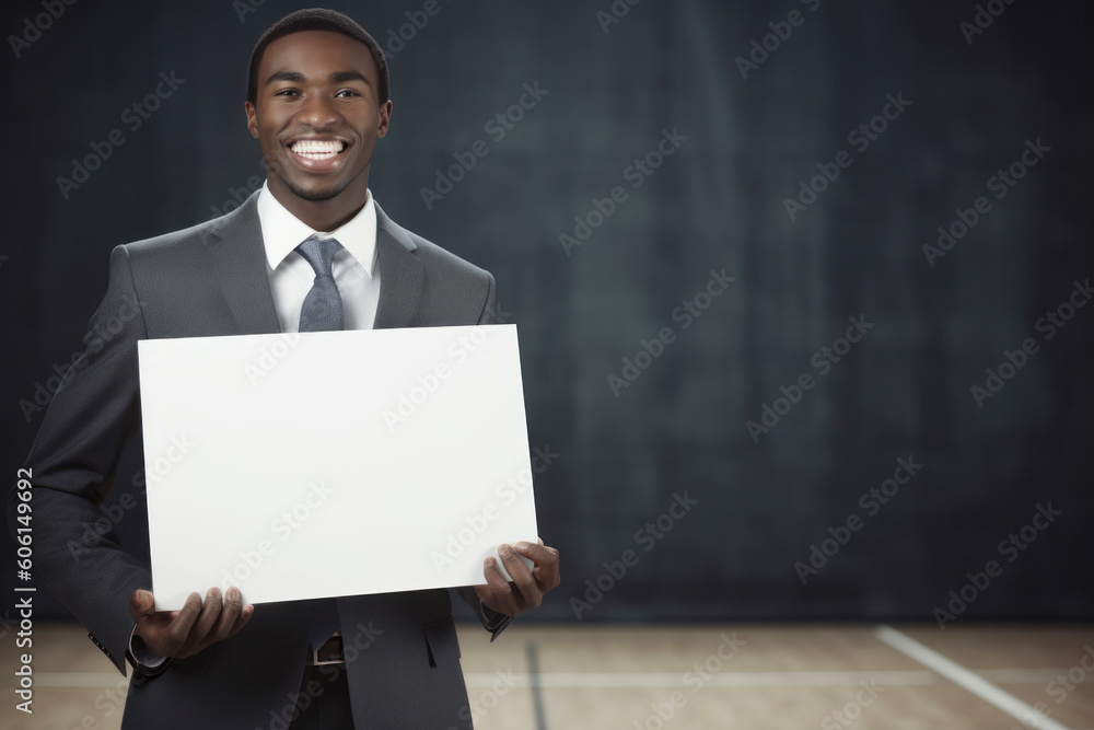 Portrait of smiling african american businessman holding blank white board Portrait of smiling african american businessman holding blank white board