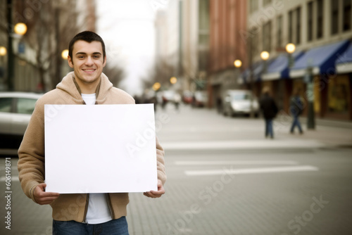 Young man holding a blank placard in a city street. Copy space.