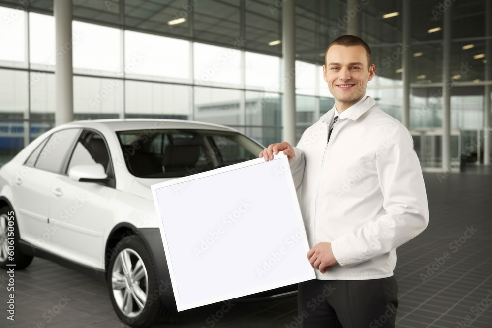 Handsome man with blank sheet of paper near car in showroom Handsome man with blank sheet of paper near car in showroom