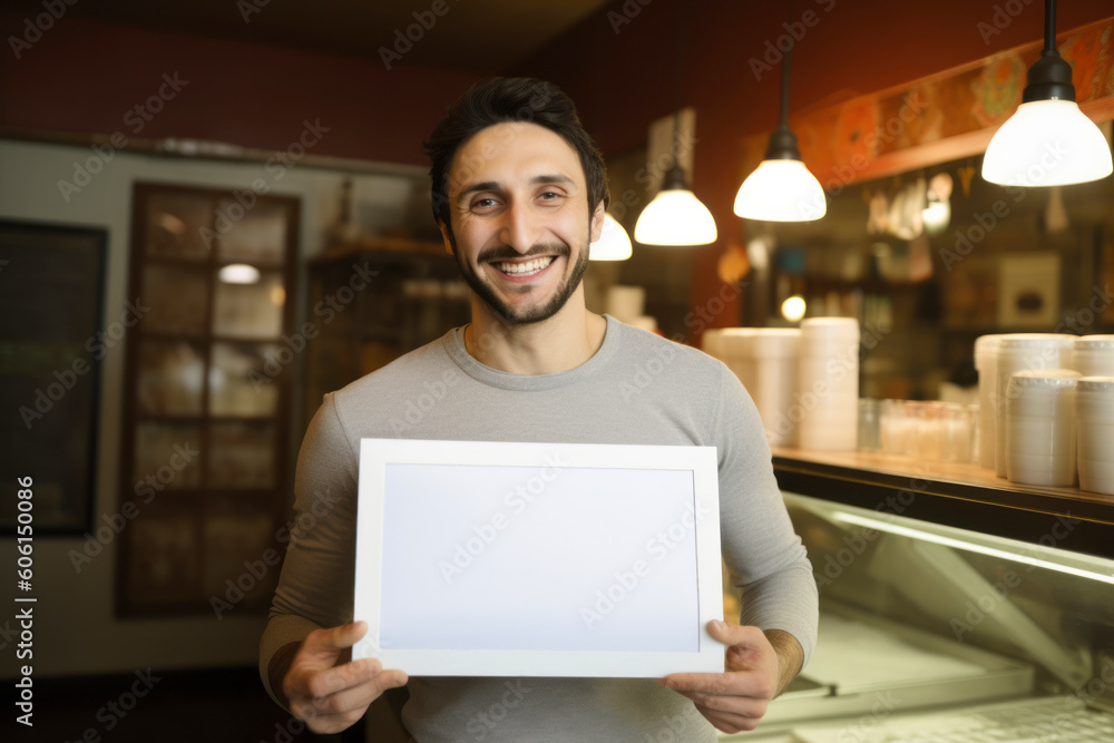 Portrait of smiling man holding blank photo frame in café Portrait of smiling man holding blank photo frame in café