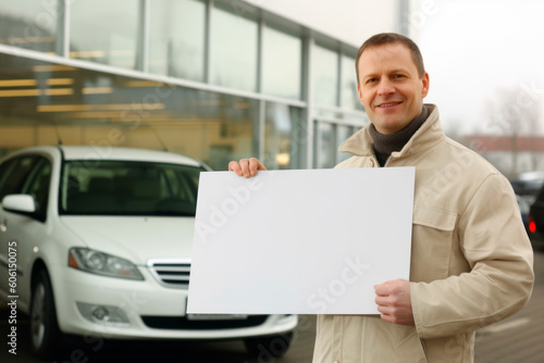 Portrait of a smiling man holding a blank sheet of paper in front of his car © Robert MEYNER