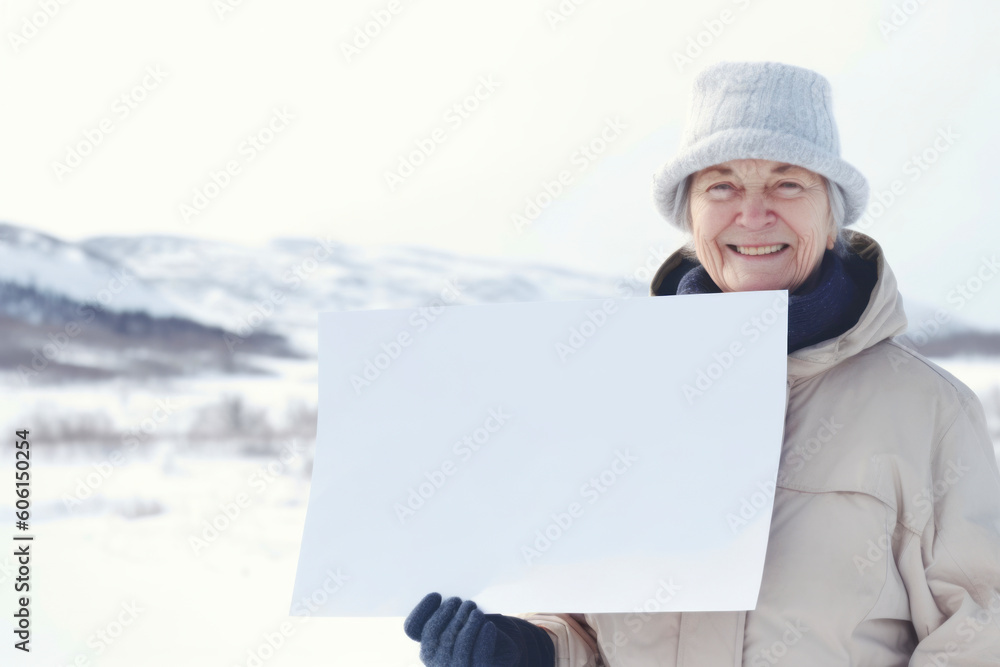 Senior woman holding blank sheet of paper on snowy background, copy space Senior woman holding blank sheet of paper on snowy background, copy space