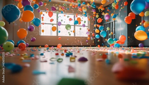 Vibrant colors, confetti, balloons, and joyous celebration generated by AI