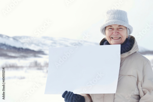 Senior woman holding blank sheet of paper on snowy background, copy space