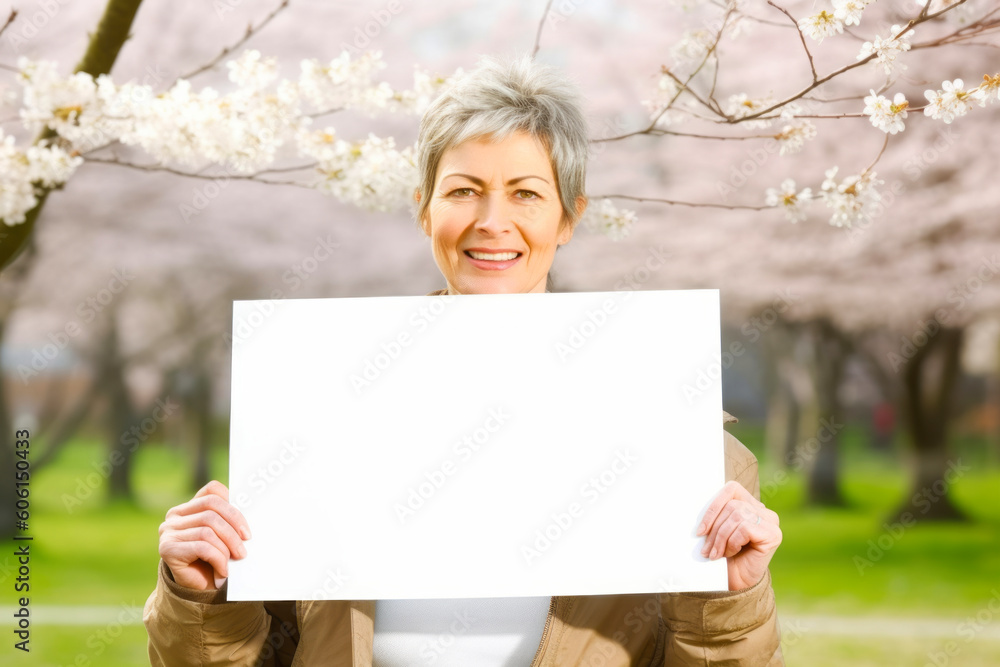 Happy senior woman holding a white sign in front of a blooming cherry tree Happy senior woman holding a white sign in front of a blooming cherry tree