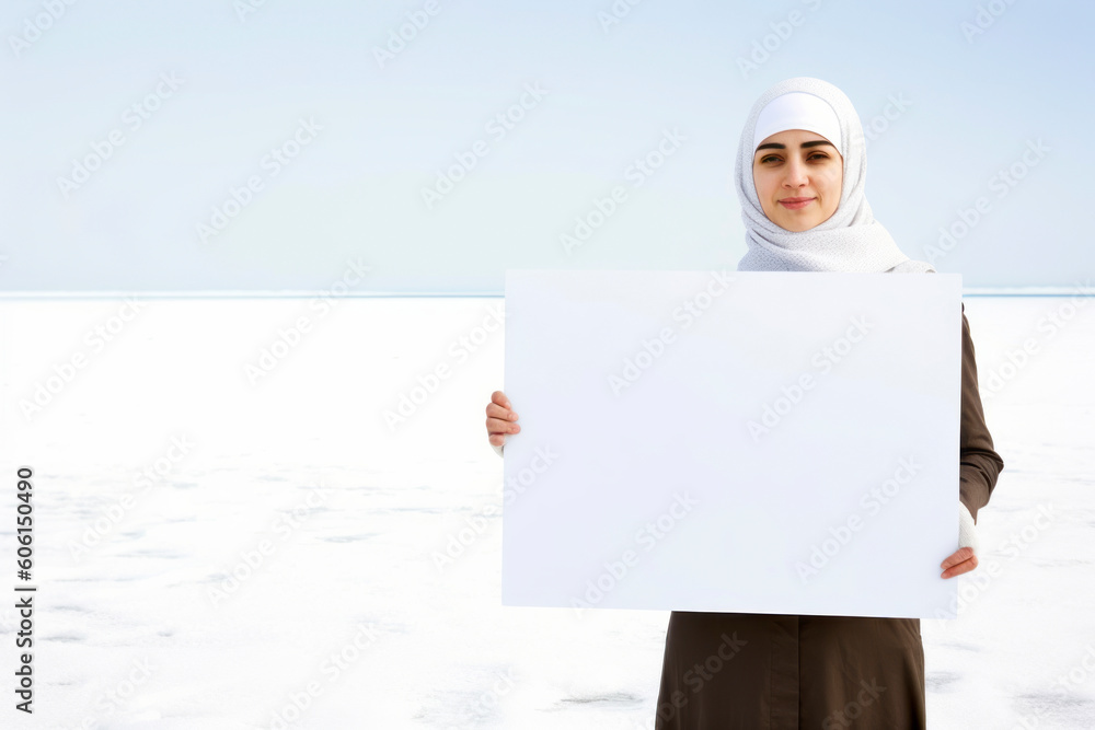 Portrait of muslim woman with white blank board on the beach Portrait of muslim woman with white blank board on the beach