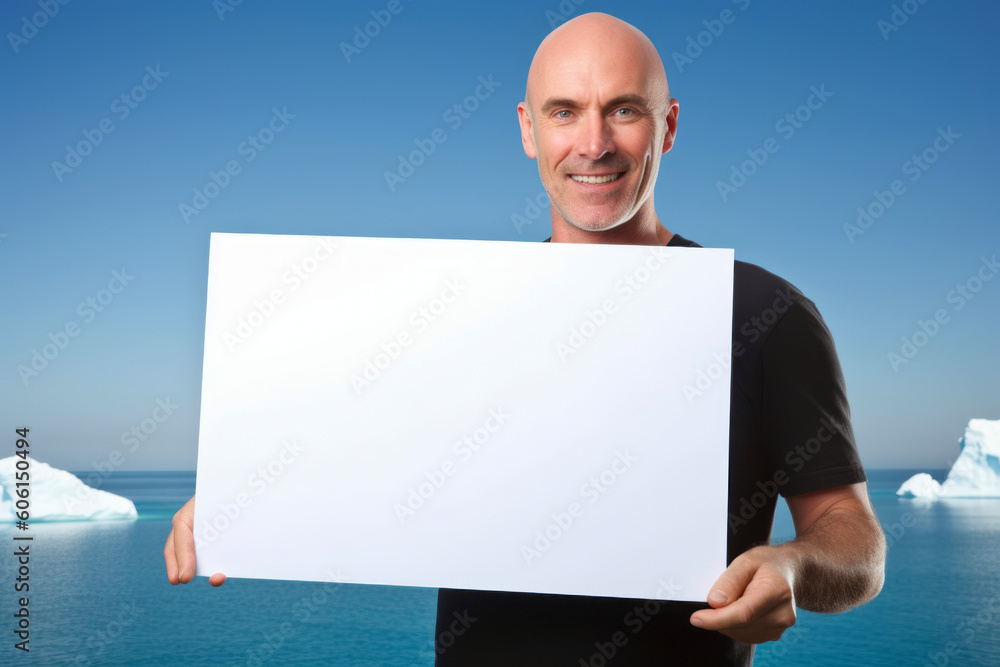 Smiling man in wetsuit holding a white sheet of paper Smiling man in wetsuit holding a white sheet of paper